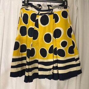 Anna Sui Yellow & Navy Polka Dot Pleated Cotton Skirt Size 0 Exclusive Trim Back